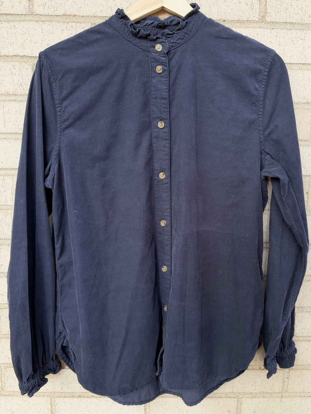 J.Crew Navy Mini Corduroy Ruffle Collar Button-Up Shirt Classic Preppy Sz 8